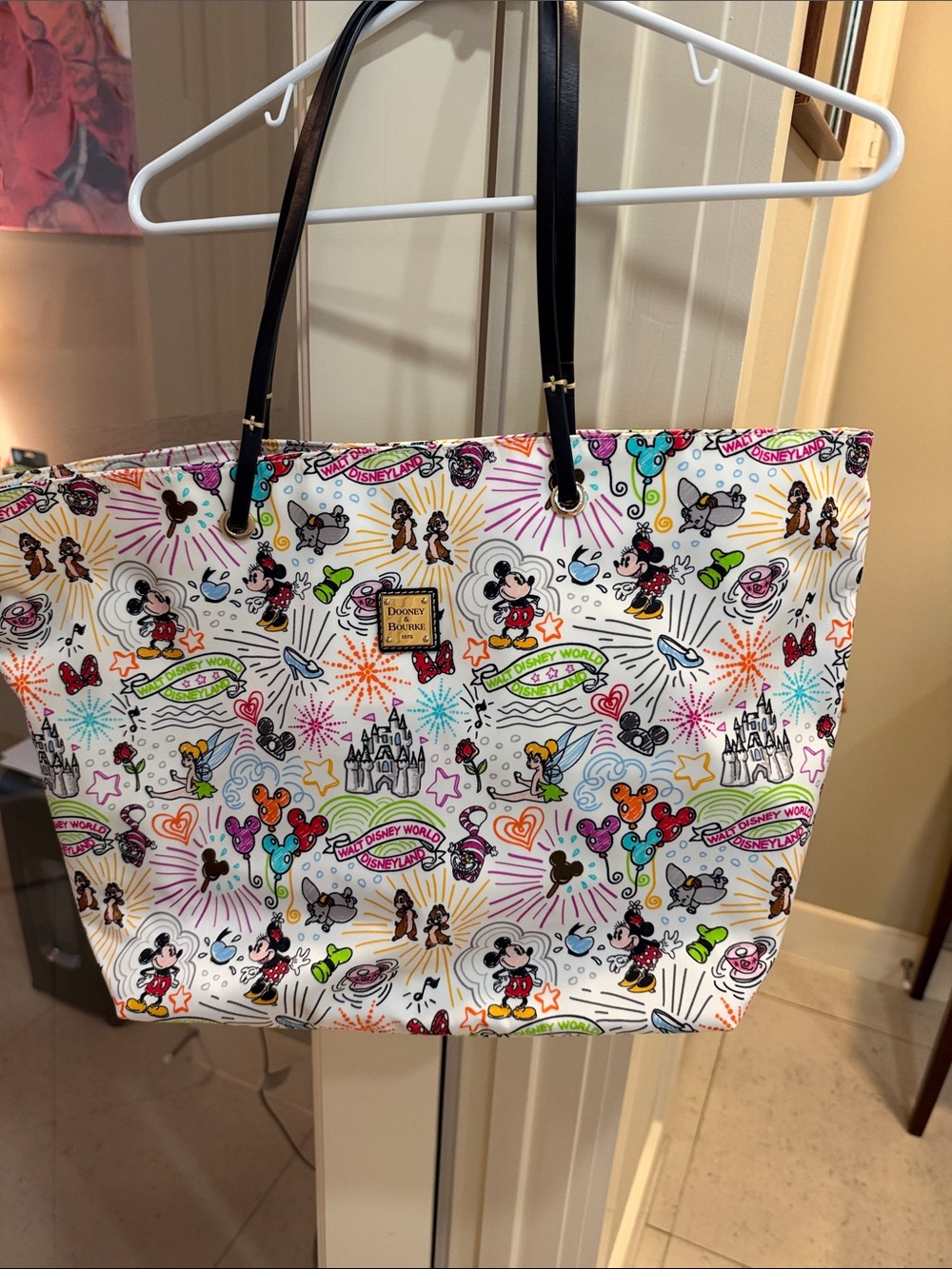 Dooney & Bourke White Multi Disney Print Tote with Black Straps